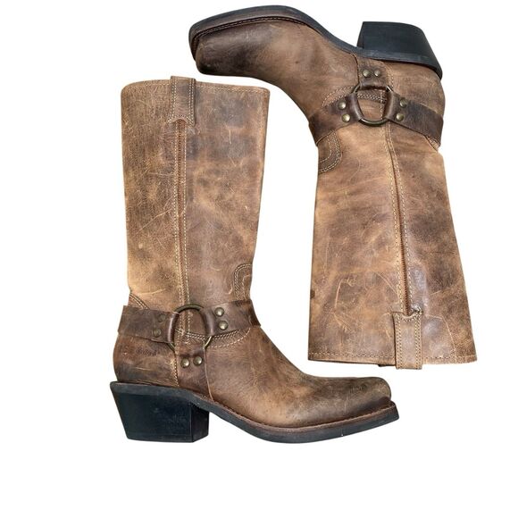 VTG BCBG Brown Leather Women's Sz 8.5 B Harness Western Biker Boots (HF29) - Picture 6 of 9